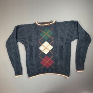 J. Riggins Argyle Grandpa Sweater Blue Cable Knit Pullover M